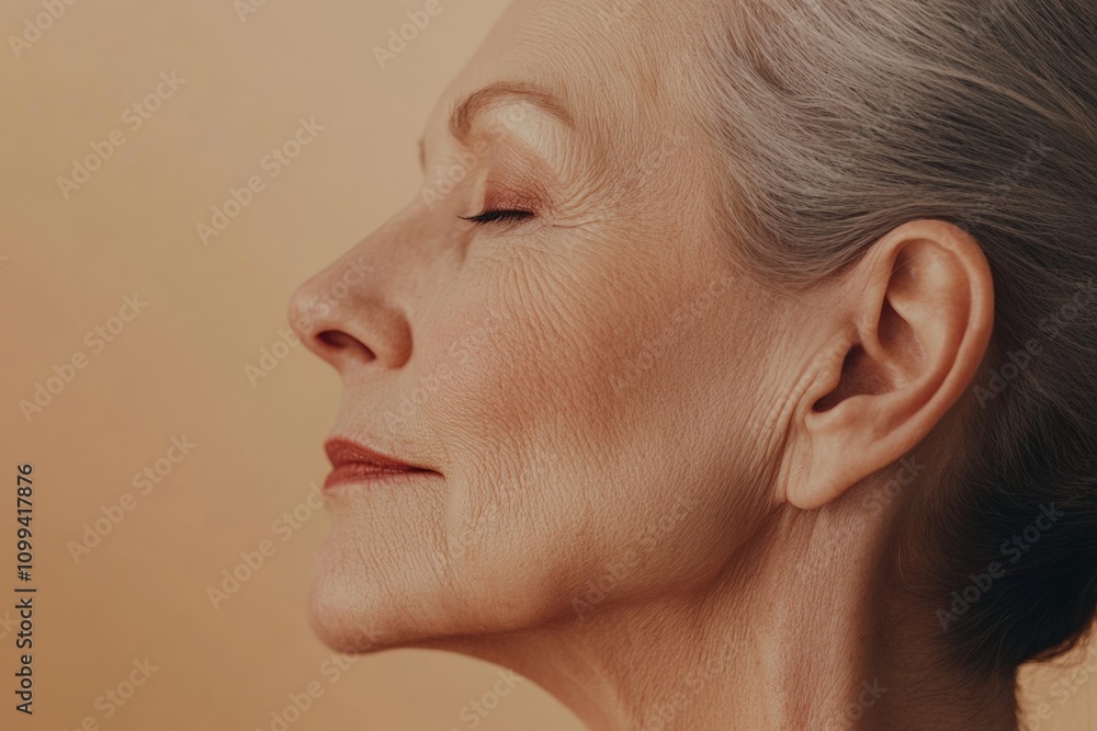 Obraz premium Close-up portrait of a beautiful senior woman with perfect, smooth skin on a beige background. This concept provides ample copy space for beauty and spa product advertisements. Side view.