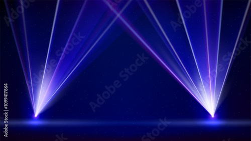 Laser light show. Bright led laser beams, dj light party. Template. Illuminated blue stage, led strobe lights. Stage lighting effect. Background, backdrop for displaying products. Vector illustration