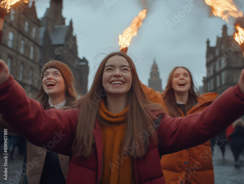 Smiling friends at Hogmanay torchlight procession with fire torches photo