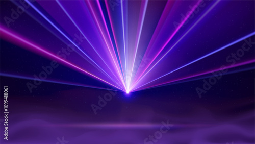 Laser light show. Bright led laser beams, dj light party. Illuminated blue purple stage, led strobe lights, smoke. Background, backdrop for displaying products. Vector illustration