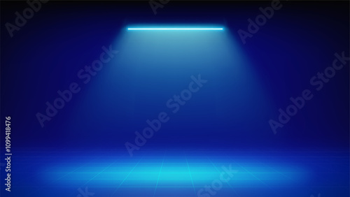 Futuristic blue stage background. Room illuminated by cyan neon, led spotlight, grid floor. Minimalistic backdrop design for displaying products, presentation, advertising. Showcase. Vector
