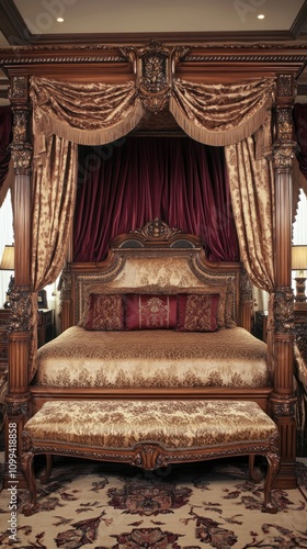 A luxurious four poster bed with ornate wooden headboard and footboard, draped in rich velvet fabric, and adorned with plush pillows.