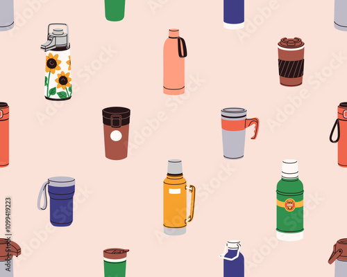 Thermos and thermo mug, seamless pattern. Travel drink cup, camping and hikin...