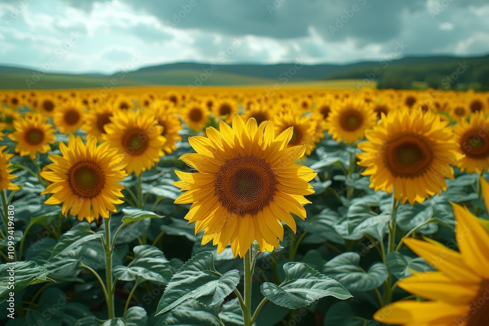 Obraz premium Vast summer sunflower field stretching to the horizon in poland, showcasing european agriculture