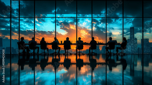 A Group executive meeting at sunset, featuring business professionals in a modern conference room with large windows and a city skyline view. Background meeting or brainstorming in a boardroom