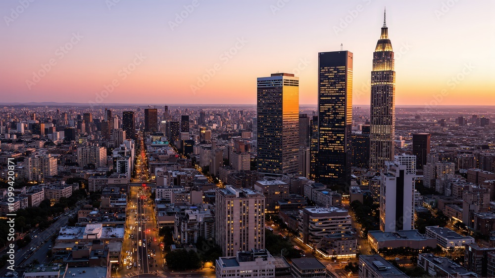 Obraz premium Generative AI, Modern Metropolis at Sunset with Reflective Skyscrapers