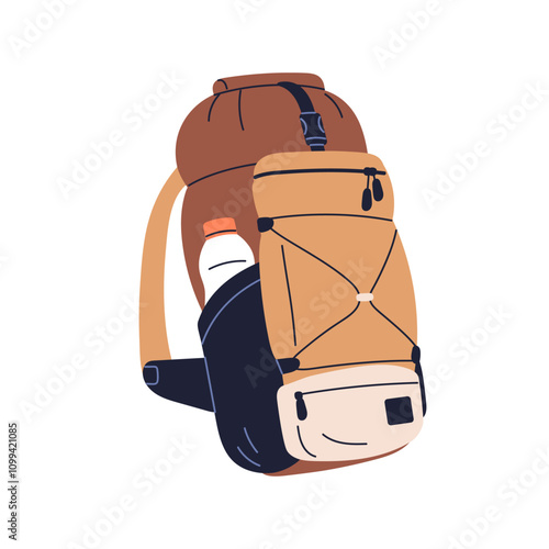 Travel backpack. Survival bag for hiking, trekking and camping. Adventure and mountaineering rucksack. Tourists knapsack, luggage, baggage. Flat vector illustration isolated on white background