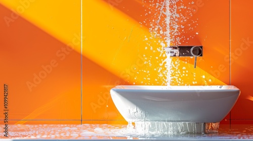 Modern sink with water splash on orange background photo