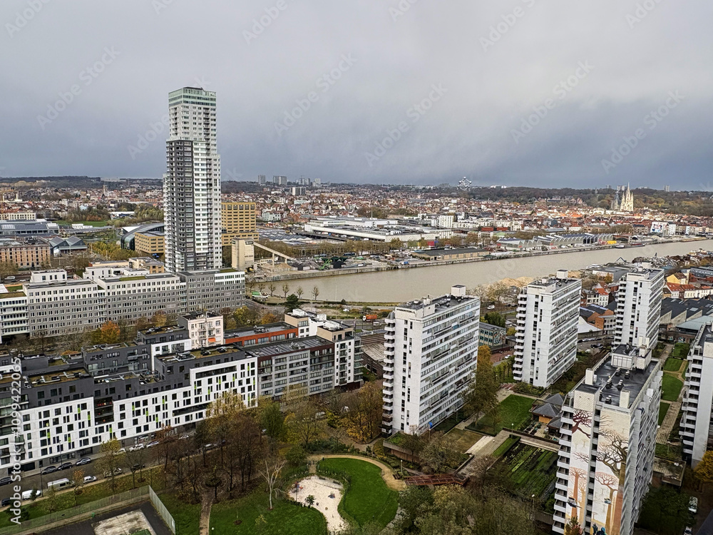 Aerial view on the Brussels canal and large landscape from the North area
