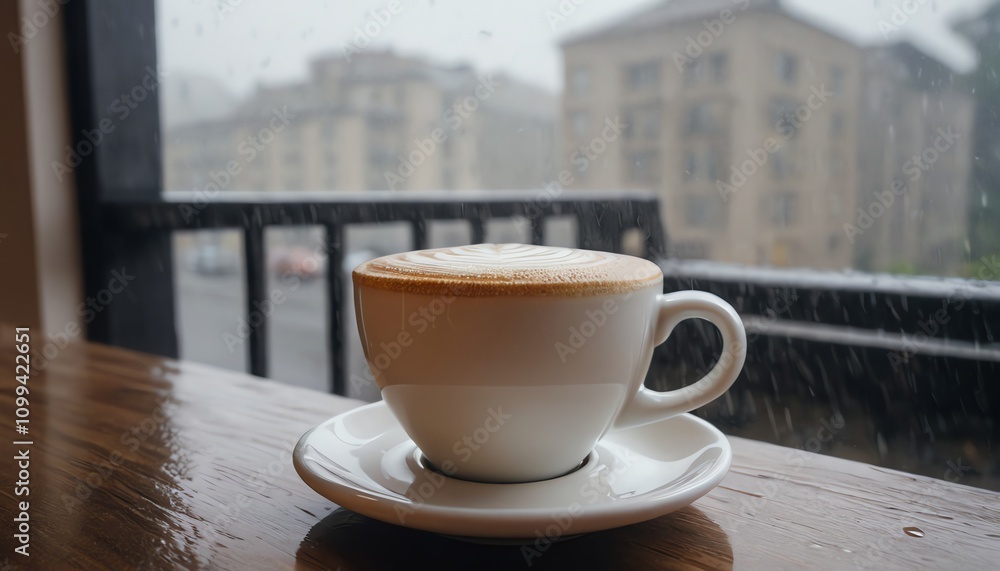 Obraz premium a cup of cappuccino is on a table in the rain.