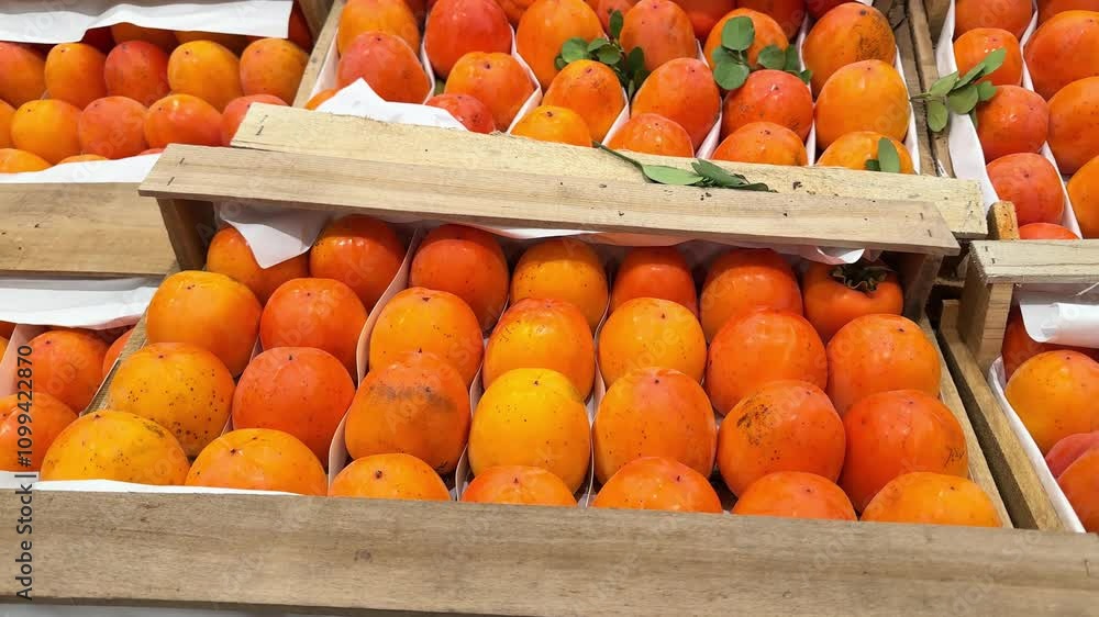4k, ripe persimmons lie in rows in wooden boxes in a store or market. sale of whole juicy seasonal fruits with leaves.