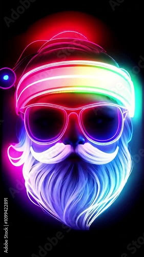 Neon Santa Claus. Santa's head in neon sunglasses glows on a black background.