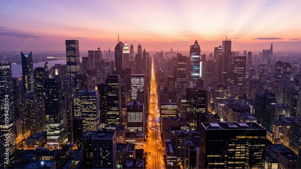 Fototapeta premium Generative AI, Modern Metropolis at Sunset with Reflective Skyscrapers