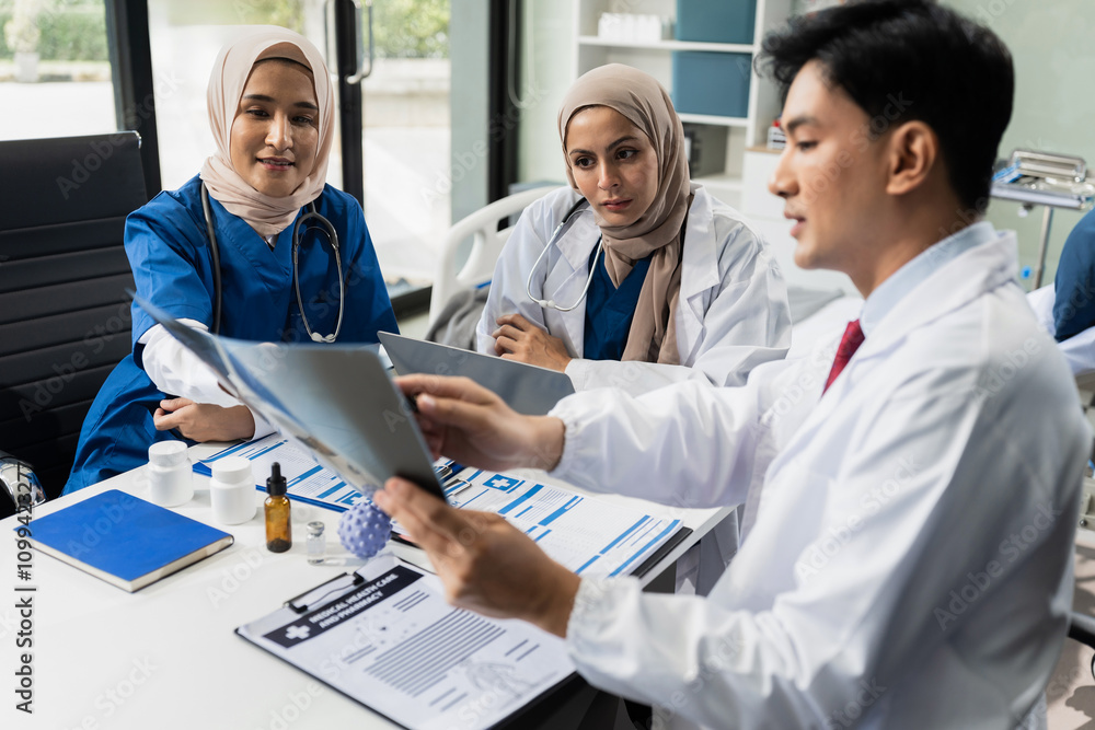 Obraz premium Medical Team Analyzes Patient Information and Medication Chart.