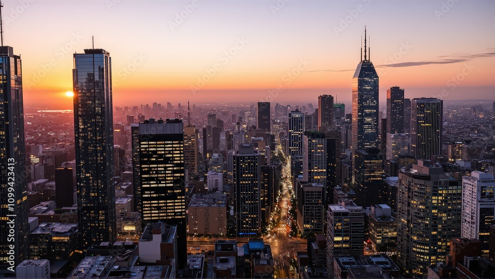 Fototapeta premium Generative AI, Modern Metropolis at Sunset with Reflective Skyscrapers