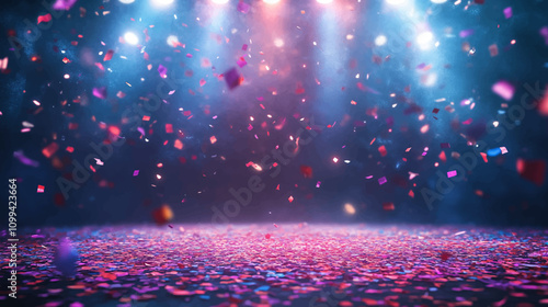Neon spotlight stage background. Disco party projector light concert or show scene. Magic beam glow for nightclub or award winner with confetti glitter. Congratulation performance for celebrity