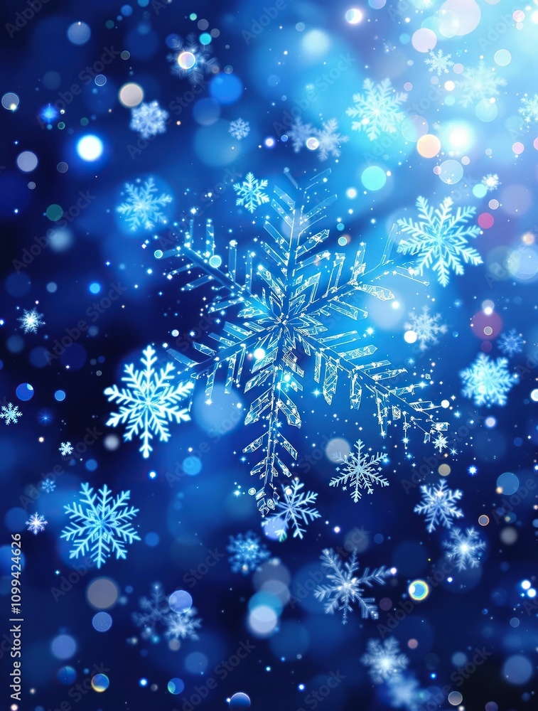 Fototapeta premium Glittering snowflakes and abstract bokeh lights against a frosty winter background with delicate patterns, iridescent, frosty