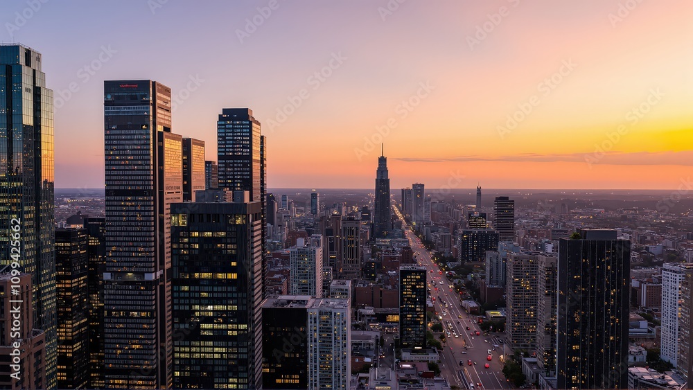 Obraz premium Generative AI, Modern Metropolis at Sunset with Reflective Skyscrapers