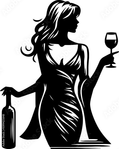 Silhouette of a woman standing in a stylized, dramatic pose. She is holding a wine glass in one hand and a wine bottle in the other. Black and white vector illustration