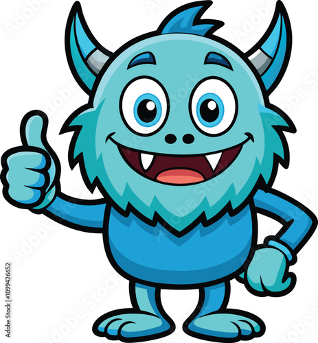 A happy and friendly blue monster with big eyes, a toothy grin, and horns gives a thumbs up