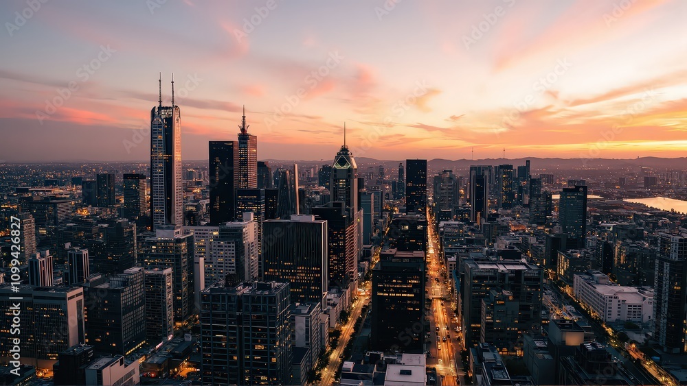 Obraz premium Generative AI, Modern Metropolis at Sunset with Reflective Skyscrapers