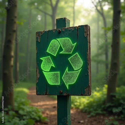 Green recycling symbol on forest background. Creating eco-friendly, recyclable packaging. Environmental protection concept - generative AI photo