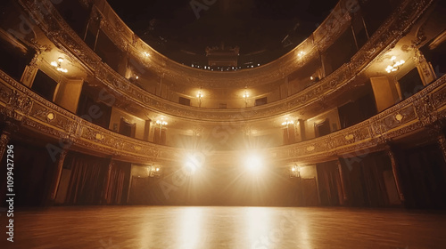 Wide shot of an Empty Elegant Classic theatre with Spotlight Shot from the Stage. Well lit Opera House with Beautiful Golden Decoration Ready to Receive Audience for a Play or Ballet Show
