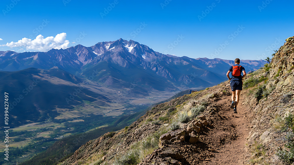 Fototapeta premium A lone runner navigating a rugged mountain trail, with a breathtaking view of valleys and peaks below