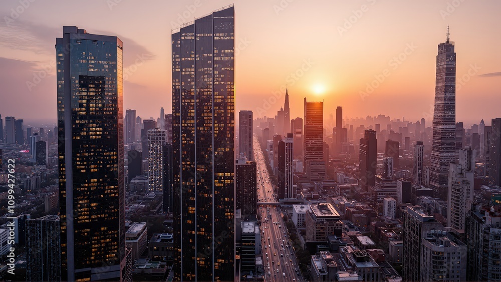 Obraz premium Generative AI, Modern Metropolis at Sunset with Reflective Skyscrapers