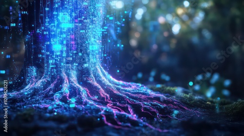 Futuristic Neural Tree with Glowing Data Roots and Cybernetic Connections – Sci-Fi Concept of Technology and AI Networks
