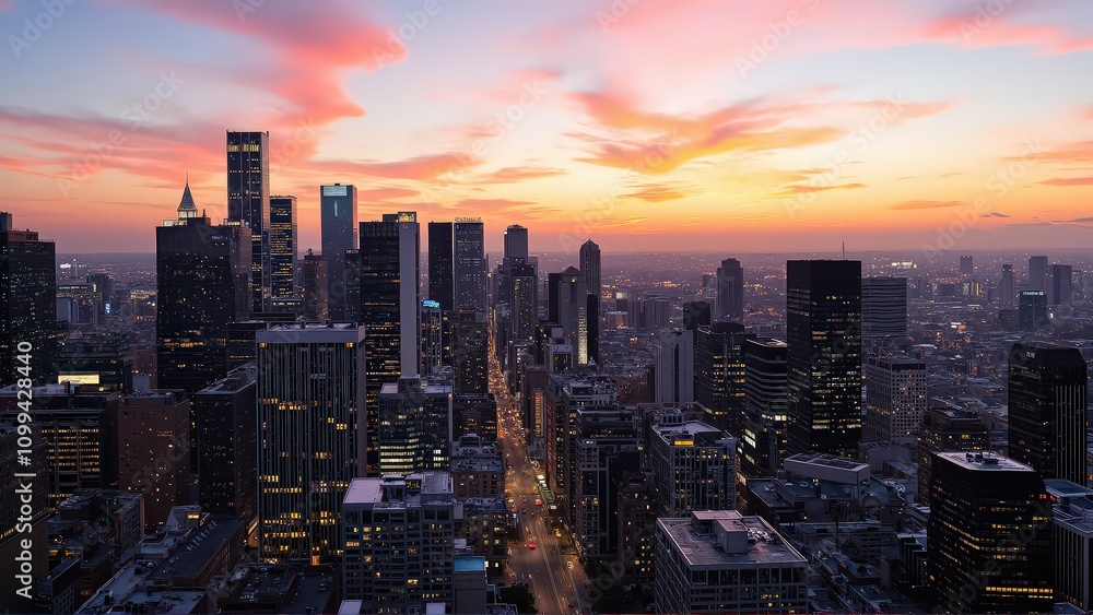 Obraz premium Generative AI, Modern Metropolis at Sunset with Reflective Skyscrapers