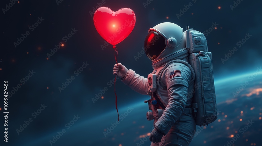 Naklejka premium Astronaut holding a red heart shaped balloon in outer space with Earth and stars in the background. Love and exploration concept