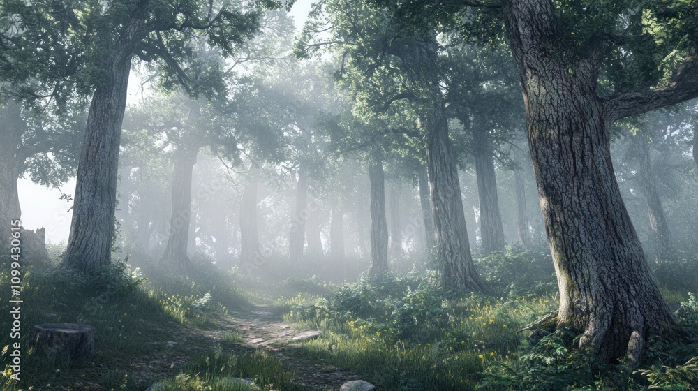 Obraz premium Serene morning light filtering through an ancient forest groves with majestic towering trees
