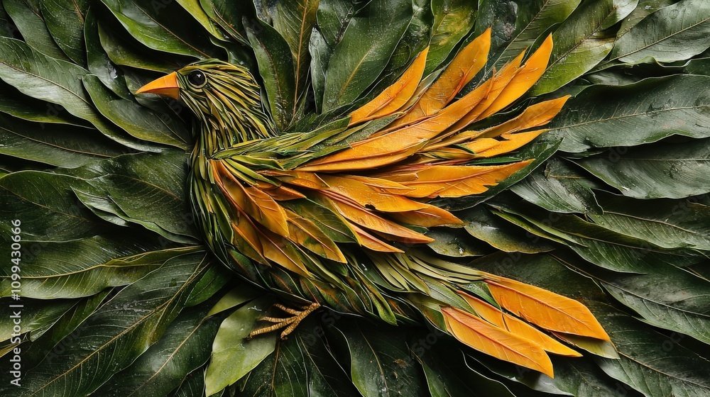 Obraz premium Artistic creation of bird from mango leaves nature scene detailed design outdoor environment unique perspective eco-friendly concept