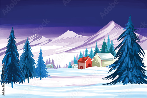 Christmas scene with snow covered houses landscape background