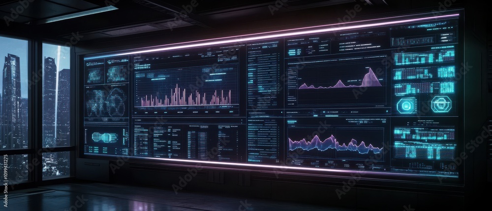 Obraz premium Futuristic control room with data visualization screens.