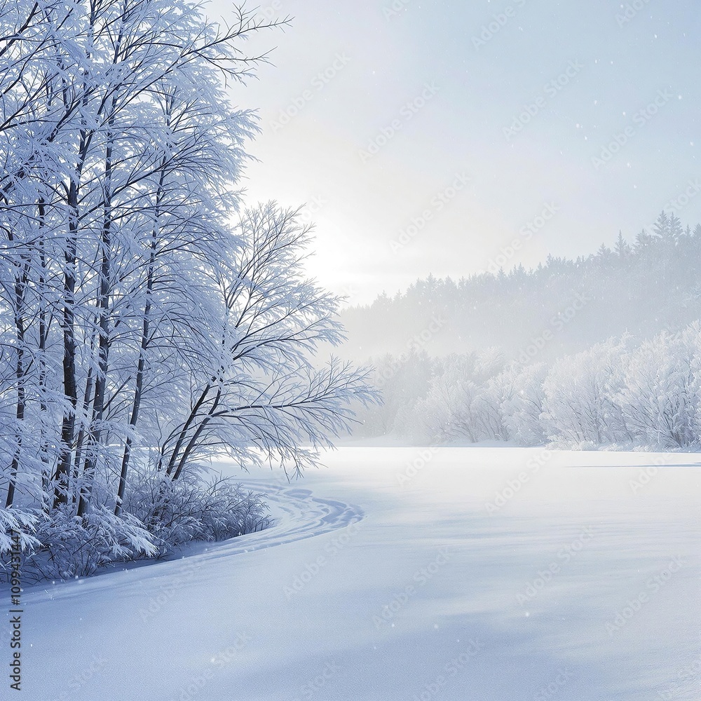 Fototapeta premium Frosty morning in the forest with snowflakes gently falling, bare trees, and a frozen lake in the distance, winter, snowflakes