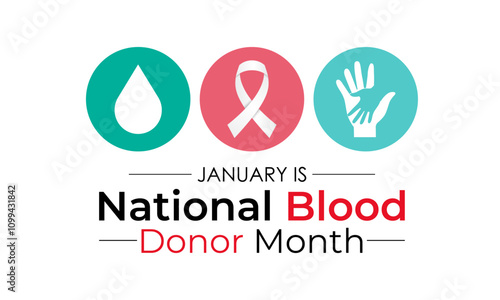 Vector graphic of National Blood Donor Month poster design illustration. Blood Bag, Dropper, red cells red Realistic Ribbon. Banner poster, flyer and background design template. Eps 10.