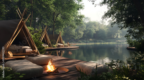 A relaxing scene of a glamping site by a tranquil lake, complete with plush seating and a fire pit  photo