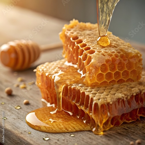 Highly detailed honeycomb structure dripping with golden honey, captured from above to highlight the intricate geometric pattern and the flowing, sticky honey at the bottom of the cells. photo