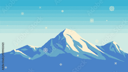Pixel art snowy mountains with falling snowflakes. Landscape for game or application. Seamless background when docking horizontally. Vector illustration.