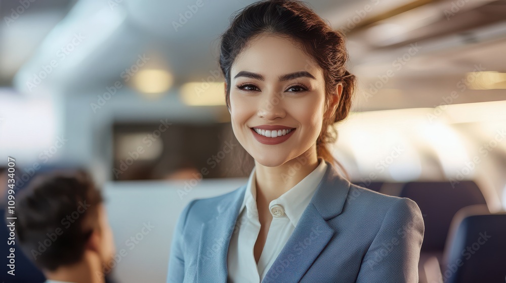 Fototapeta premium Friendly Stewardess Assisting Passengers on Plane