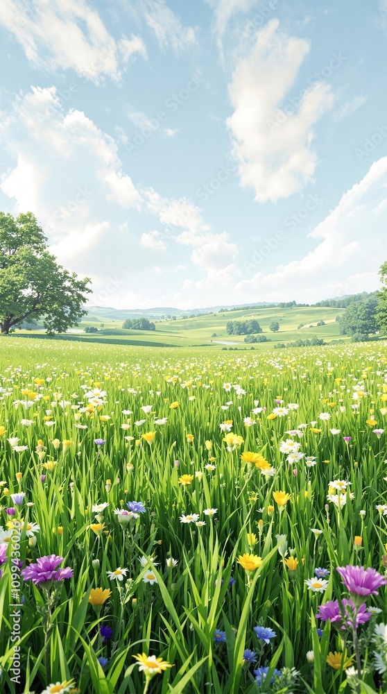 Fototapeta premium Lush green grass and wildflowers growing in a meadow , landscape, meadow, greenery