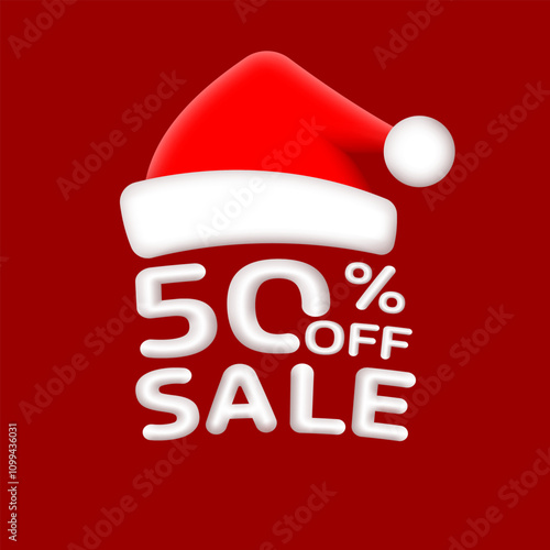 Christmas Sale label or icon. 50% price off with Santa hat. Xmas discount, banner badge or price tag for promo design. Vector illustration.