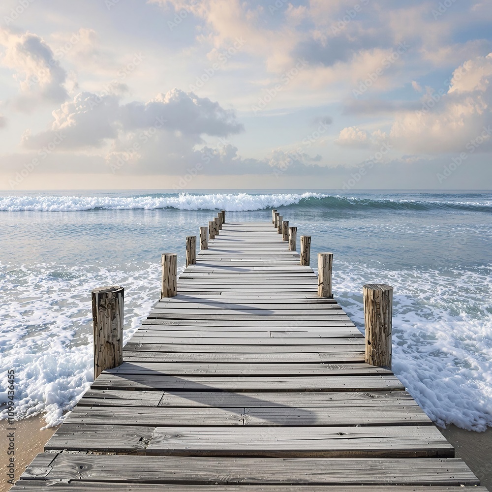 Fototapeta premium Soft ocean waves gently lapping against a weathered wooden dock, natural, gentle ripples, ocean, serene