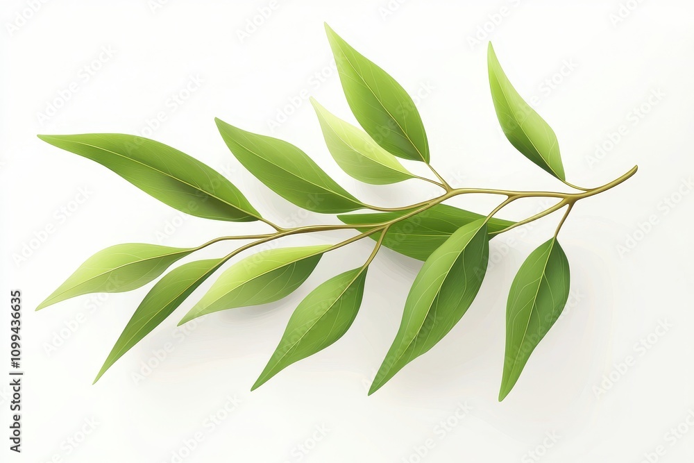 Obraz premium A close-up of a vibrant green branch with lush leaves isolated on a white background. Perfect for nature-inspired designs, botanical illustrations, and creating a sense of growth and renewal.