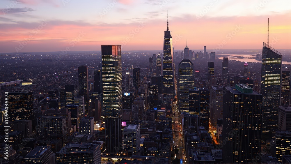 Obraz premium Generative AI, Modern Metropolis at Sunset with Reflective Skyscrapers