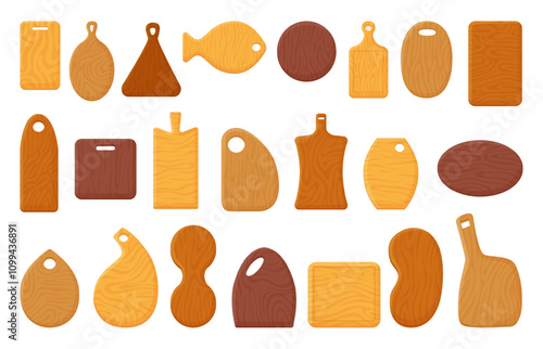 Wooden cutting board. Natural wood board for cut fresh products, cooking and serving. Kitchen tools and decorative elements, neoteric vector set