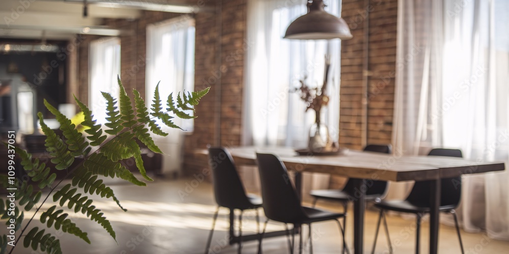 Obraz premium A vibrant green fern leaf in sharp focus, with a cozy, sunlit dining area in soft blur. Perfect for concepts of nature, relaxation, and modern interiors.