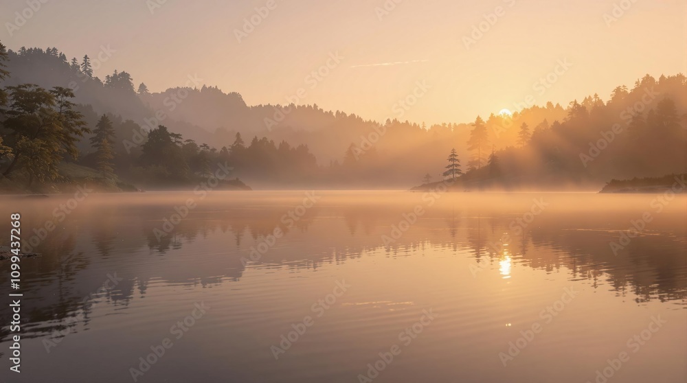 Obraz premium Ripples on the surface of a calm lake at dawn, peaceful ambiance, watery reflection